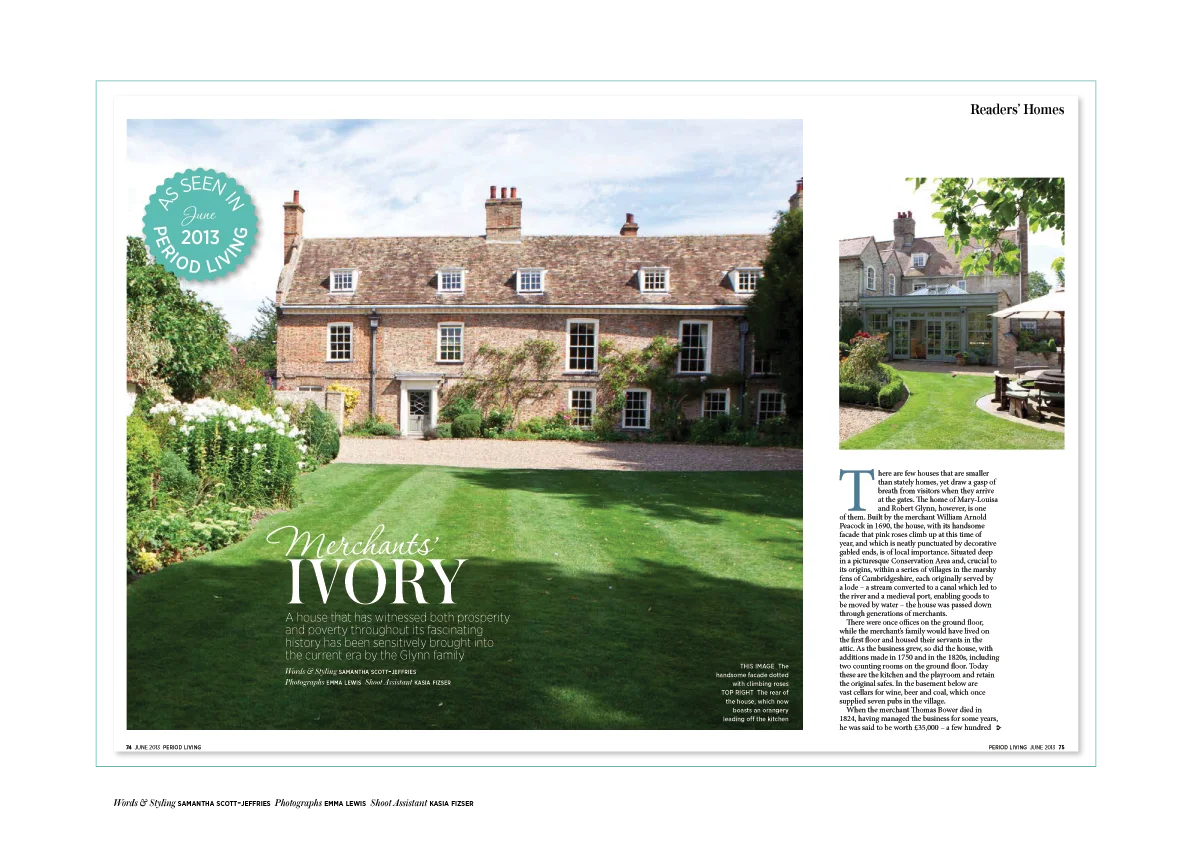 Period Living feature spread about an ivory country house with a garden photograph